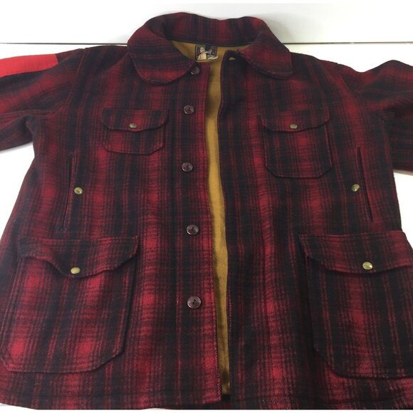 Vintage 1940s Mens Woolrich Mackinaw Red Black Plaid Jacket Hunting Wool Size 46 - Picture 8 of 15